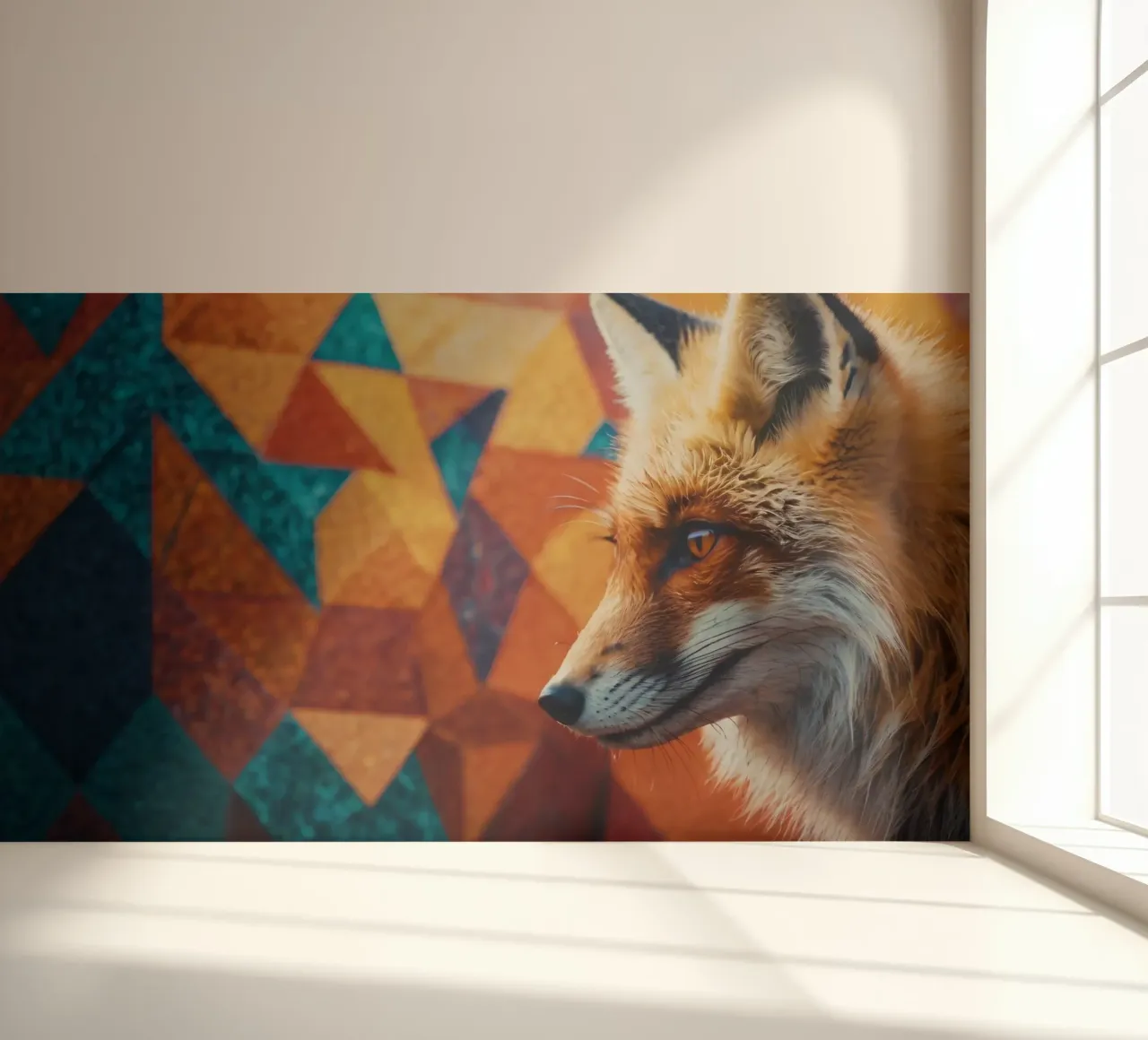 Fox with striking orange fur against a colorful geometric photo wallpaper by DesignDoodle