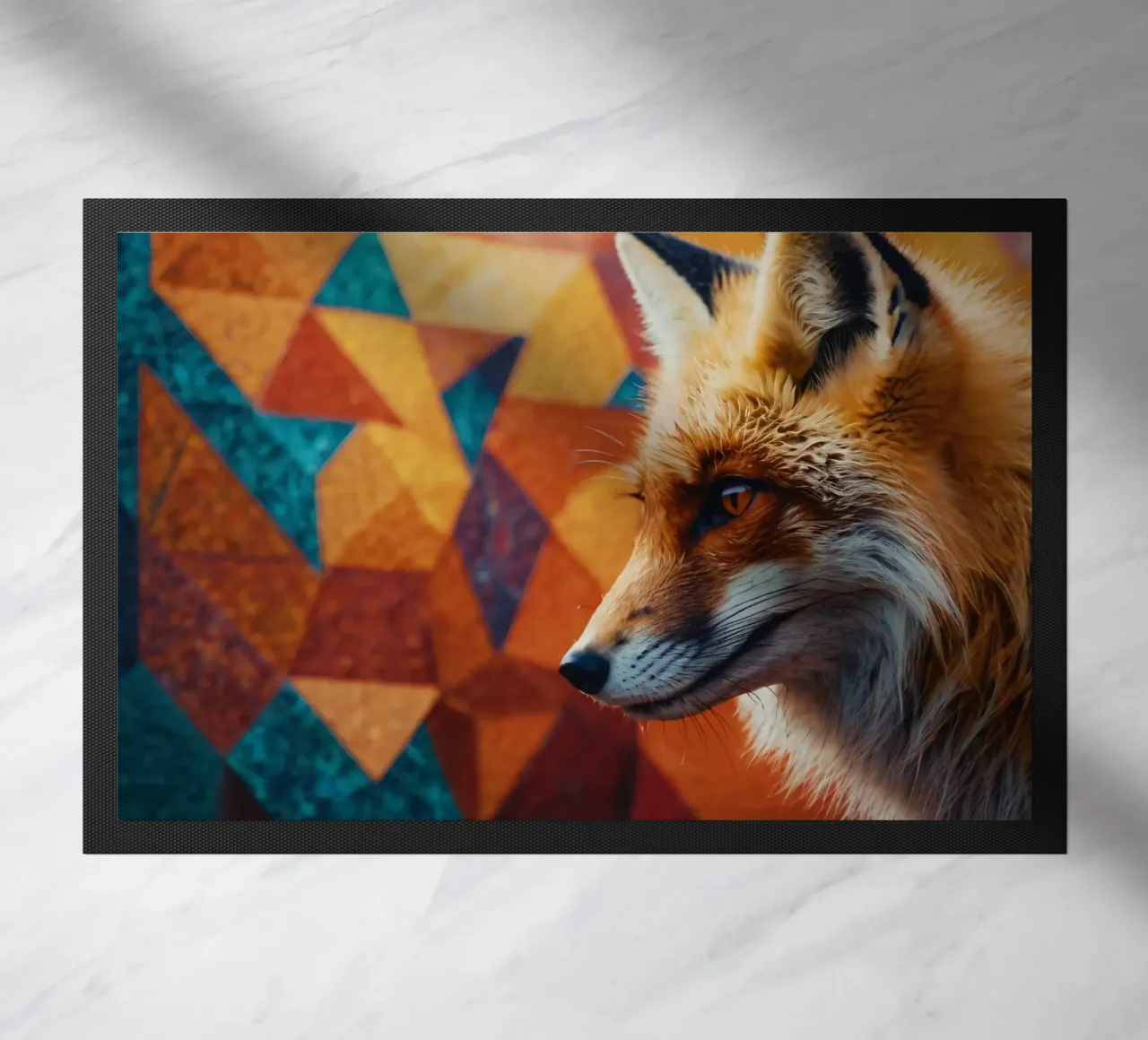 Volpe con una sorprendente pelliccia arancione su una geometria colorata zerbino da DesignDoodle