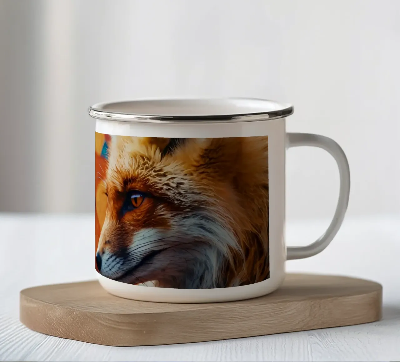 Volpe con una sorprendente pelliccia arancione su una geometria colorata tazza in smalto da DesignDoodle