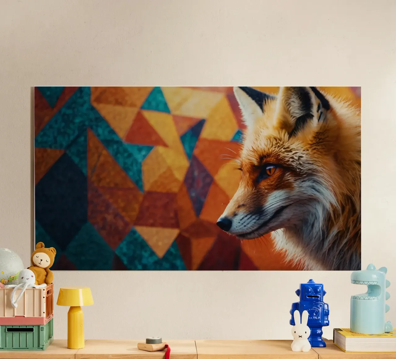 Volpe con una sorprendente pelliccia arancione su una geometria colorata plexiglass da DesignDoodle