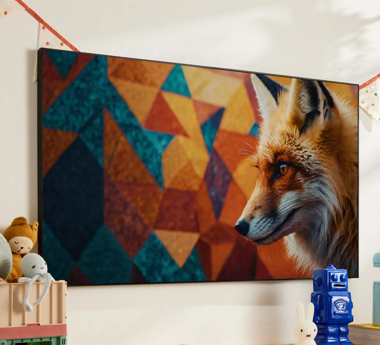 Volpe con una sorprendente pelliccia arancione su una geometria colorata alluminio dibond da DesignDoodle