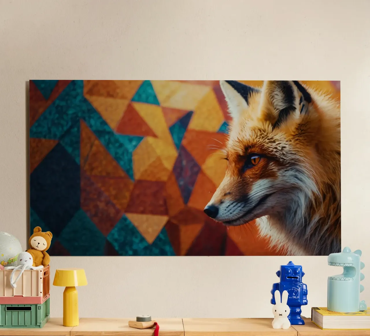 Volpe con una sorprendente pelliccia arancione su una geometria colorata alluminio dibond da DesignDoodle
