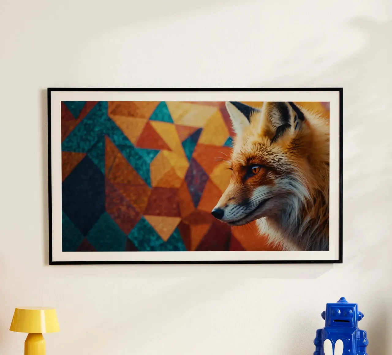 Volpe con una sorprendente pelliccia arancione su una geometria colorata poster da DesignDoodle