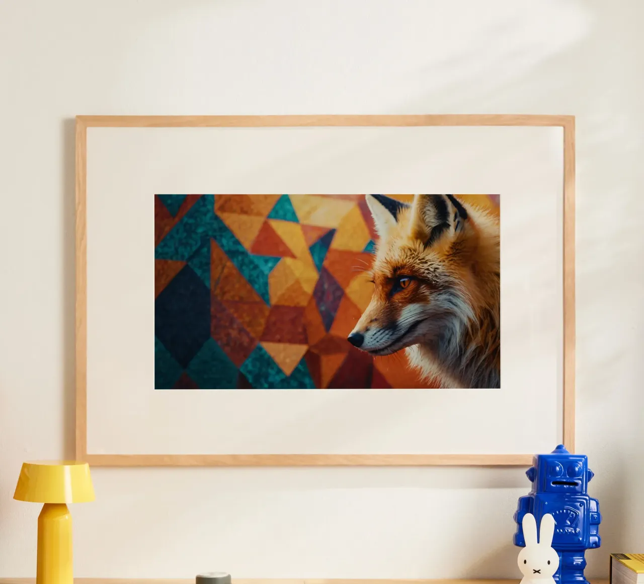 Volpe con una sorprendente pelliccia arancione su una geometria colorata carta hahnemühle da DesignDoodle