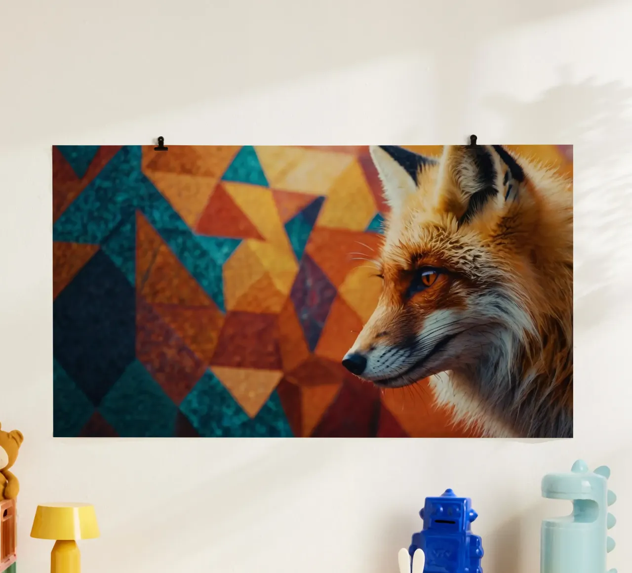 Volpe con una sorprendente pelliccia arancione su una geometria colorata poster da DesignDoodle