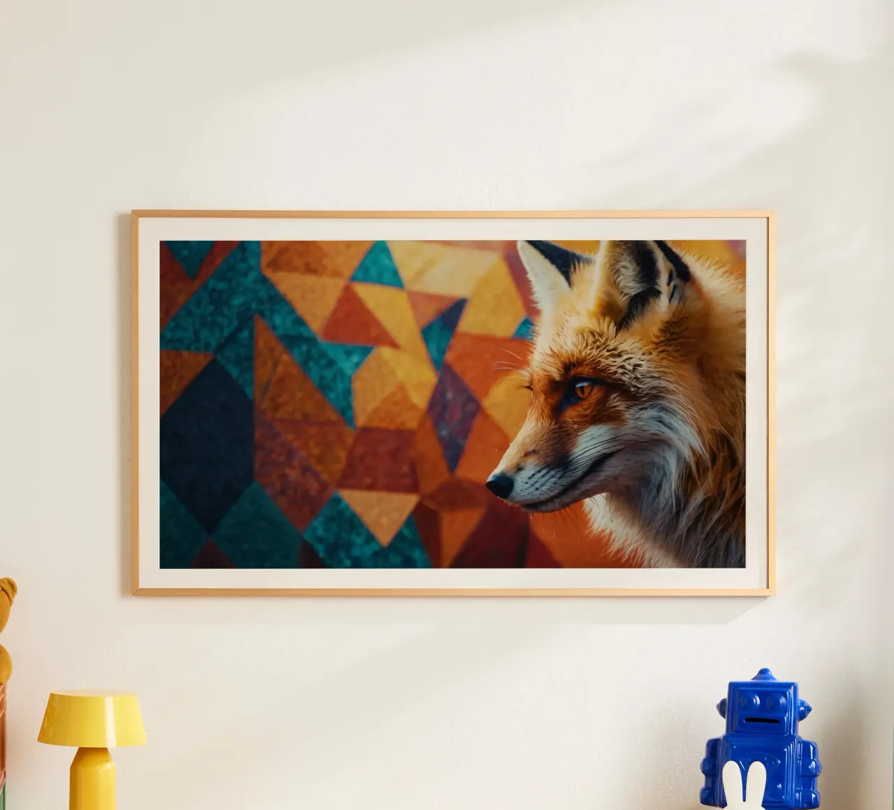 Volpe con una sorprendente pelliccia arancione su una geometria colorata carta hahnemühle da DesignDoodle