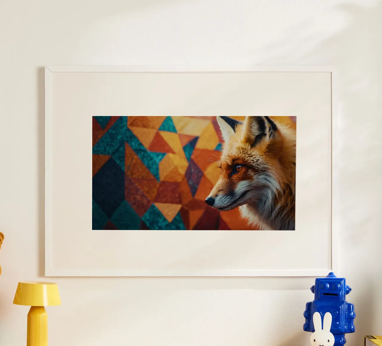 Volpe con una sorprendente pelliccia arancione su una geometria colorata poster da DesignDoodle