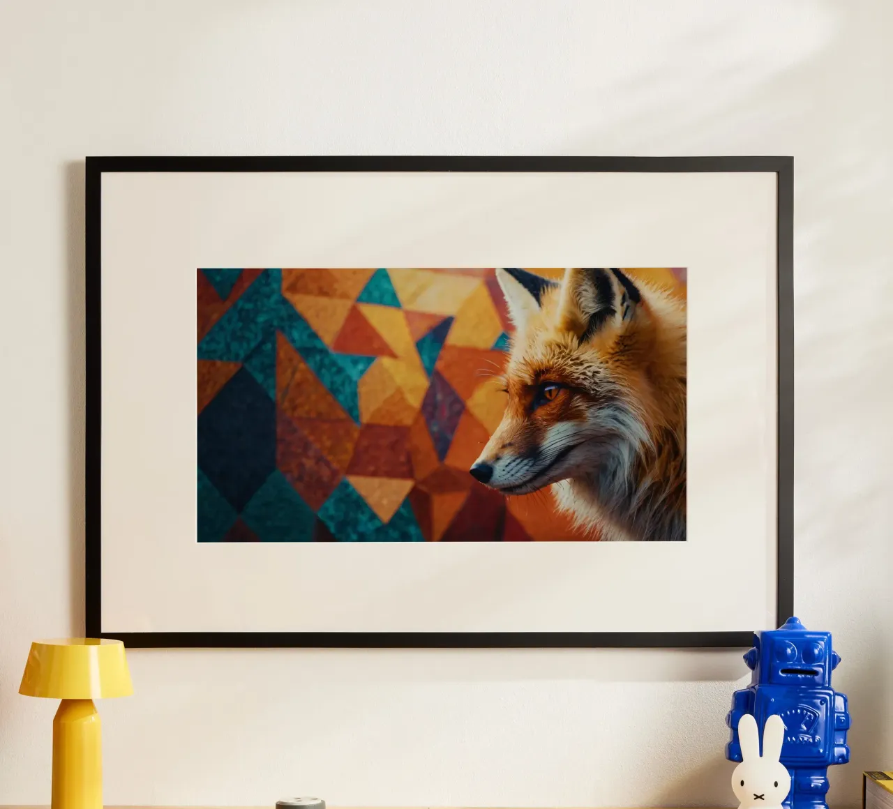 Volpe con una sorprendente pelliccia arancione su una geometria colorata carta hahnemühle da DesignDoodle
