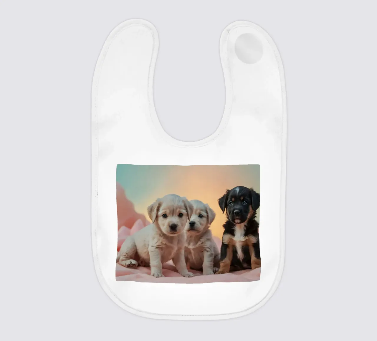 Trois chiots enjoués se reposant sur une couverture douce dans une chambre confortable bavoir de DesignDoodle