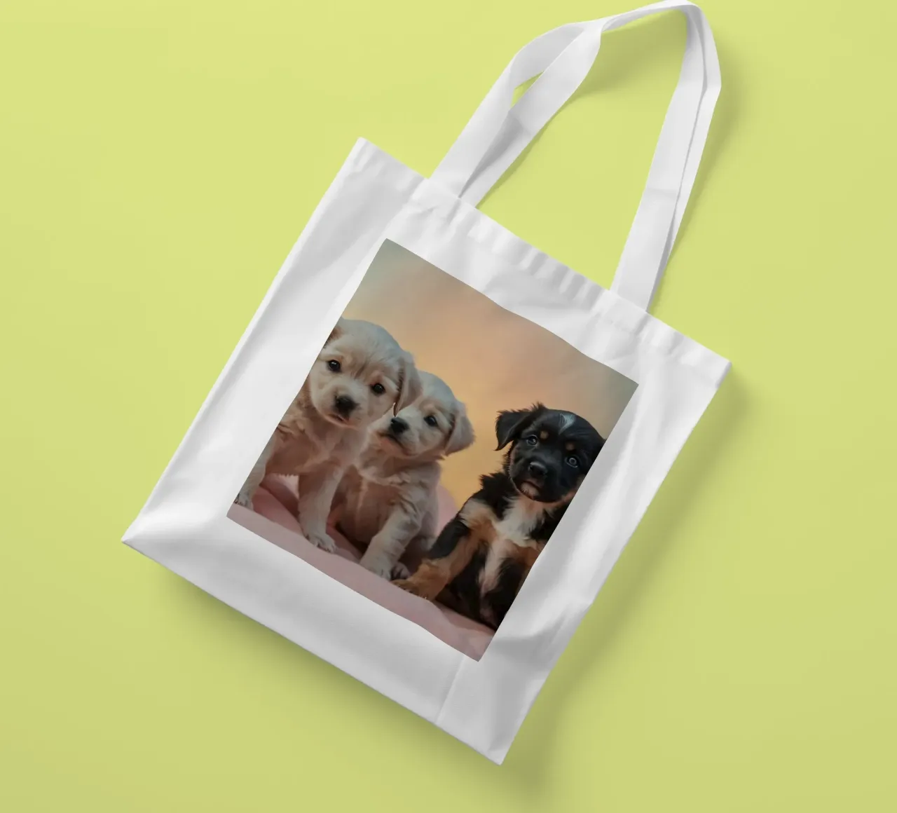 Trois chiots enjoués se reposant sur une couverture douce dans une chambre confortable tote bag de DesignDoodle