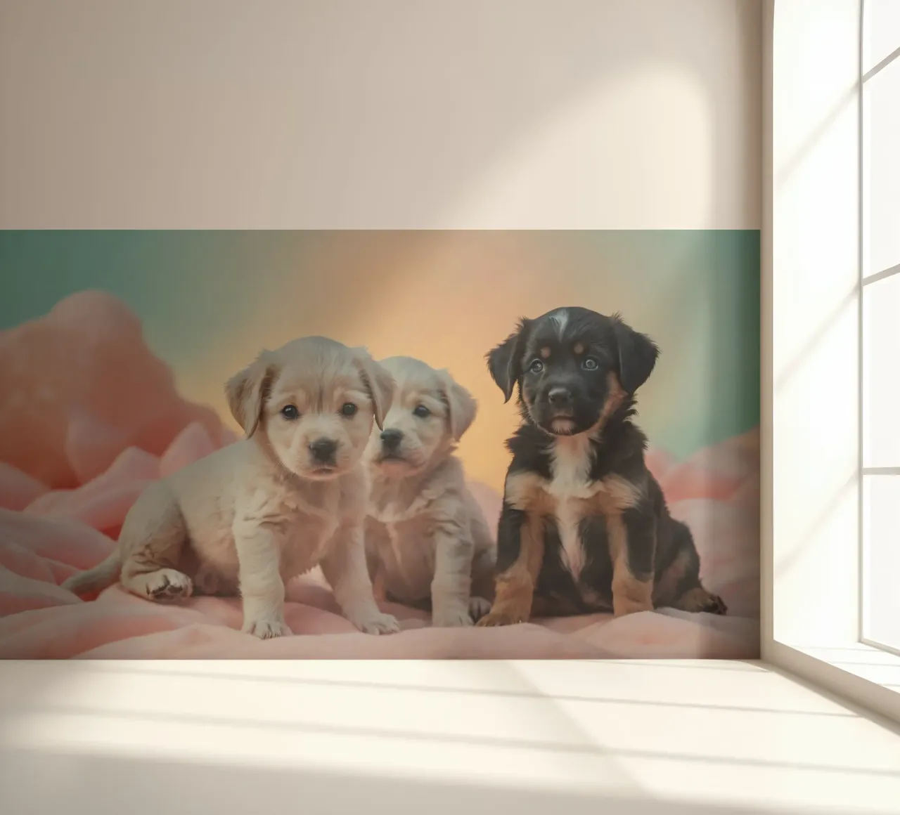 Trois chiots enjoués se reposant sur une couverture douce dans une chambre confortable papier peint photo de DesignDoodle