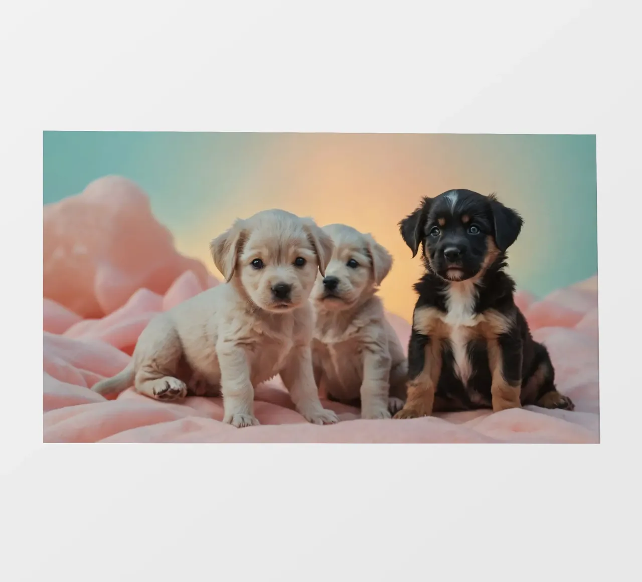 Trois chiots enjoués se reposant sur une couverture douce dans une chambre confortable papier peint photo de DesignDoodle