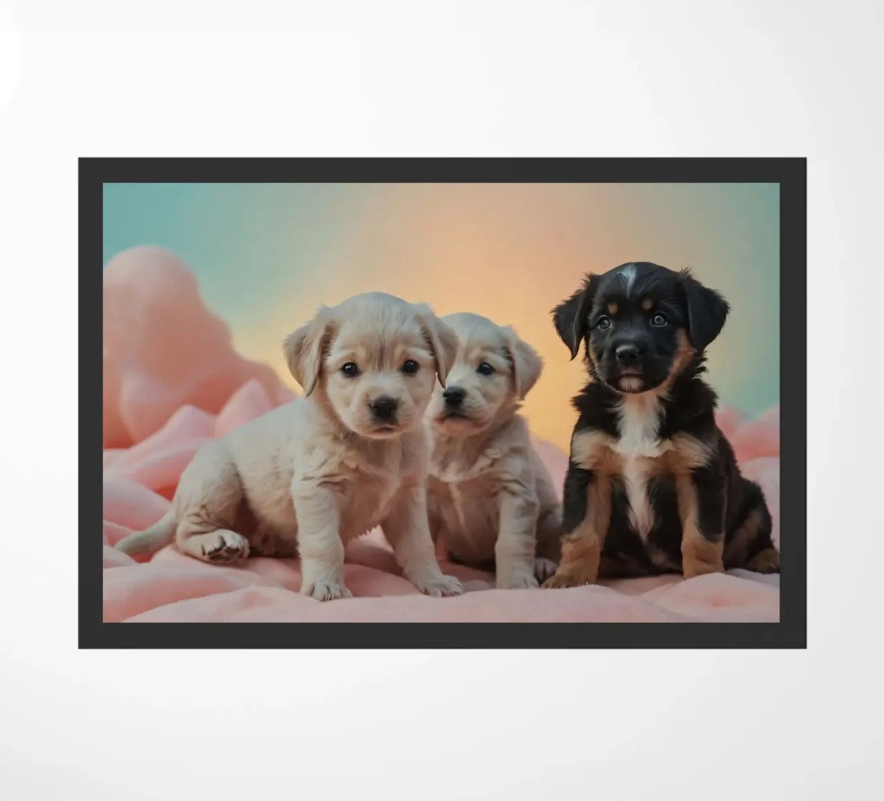 Trois chiots enjoués se reposant sur une couverture douce dans une chambre confortable paillasson de DesignDoodle