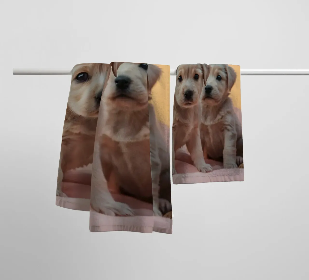 Three playful puppies resting on a soft blanket in cozy room towel by DesignDoodle