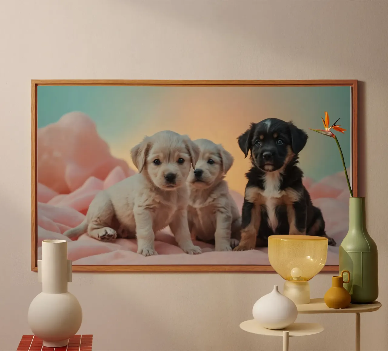 Trois chiots enjoués se reposant sur une couverture douce dans une chambre confortable alu dibond de DesignDoodle