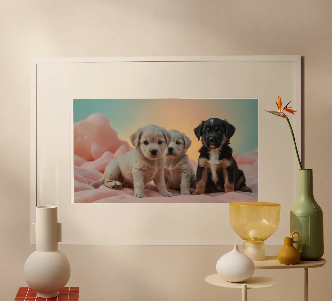 Trois chiots enjoués se reposant sur une couverture douce dans une chambre confortable hahnemühle de DesignDoodle
