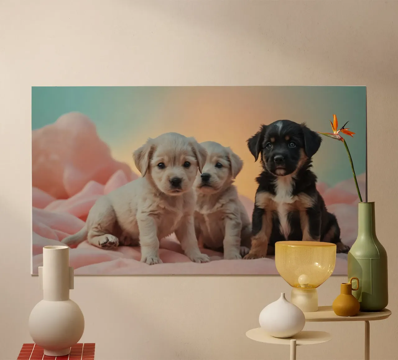 Trois chiots enjoués se reposant sur une couverture douce dans une chambre confortable hahnemühle de DesignDoodle