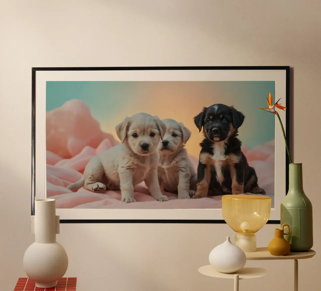 Trois chiots enjoués se reposant sur une couverture douce dans une chambre confortable hahnemühle de DesignDoodle