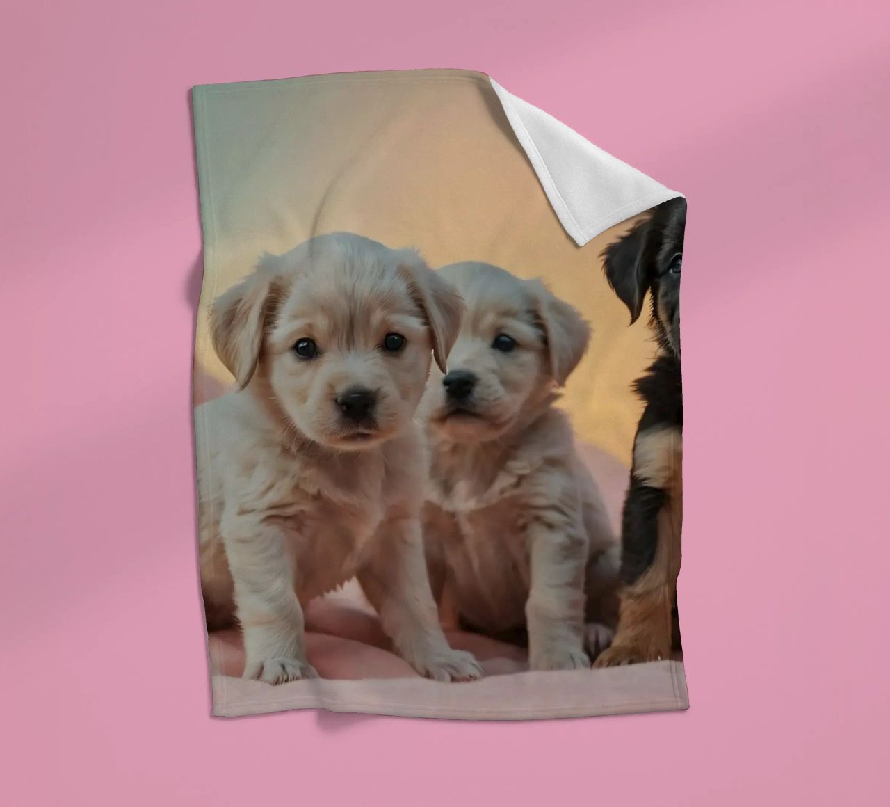 Drie speelse puppies rusten op een zachte deken in een gezellige kamer fleecedeken van DesignDoodle
