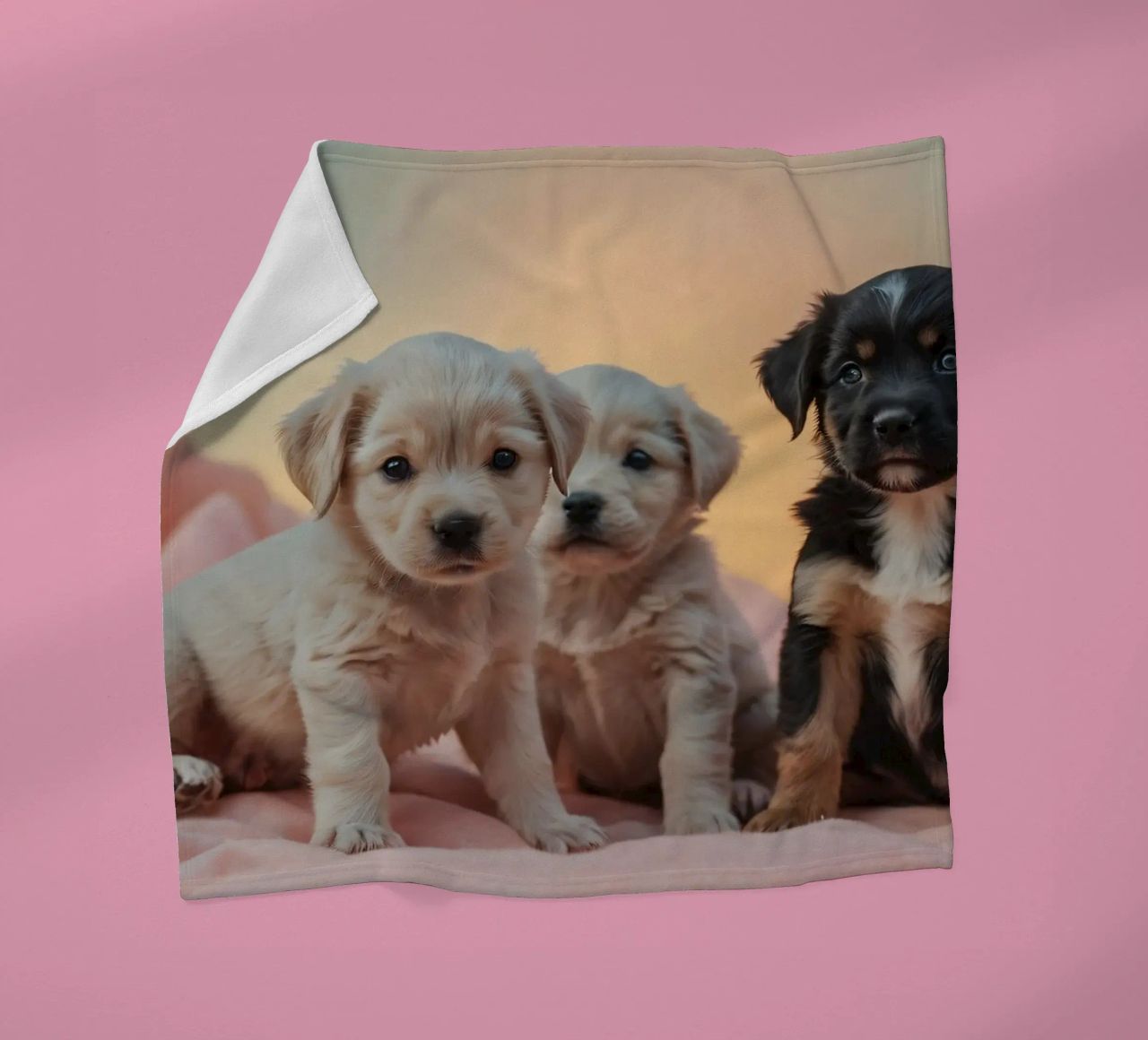 Drie speelse puppies rusten op een zachte deken in een gezellige kamer fleecedeken van DesignDoodle