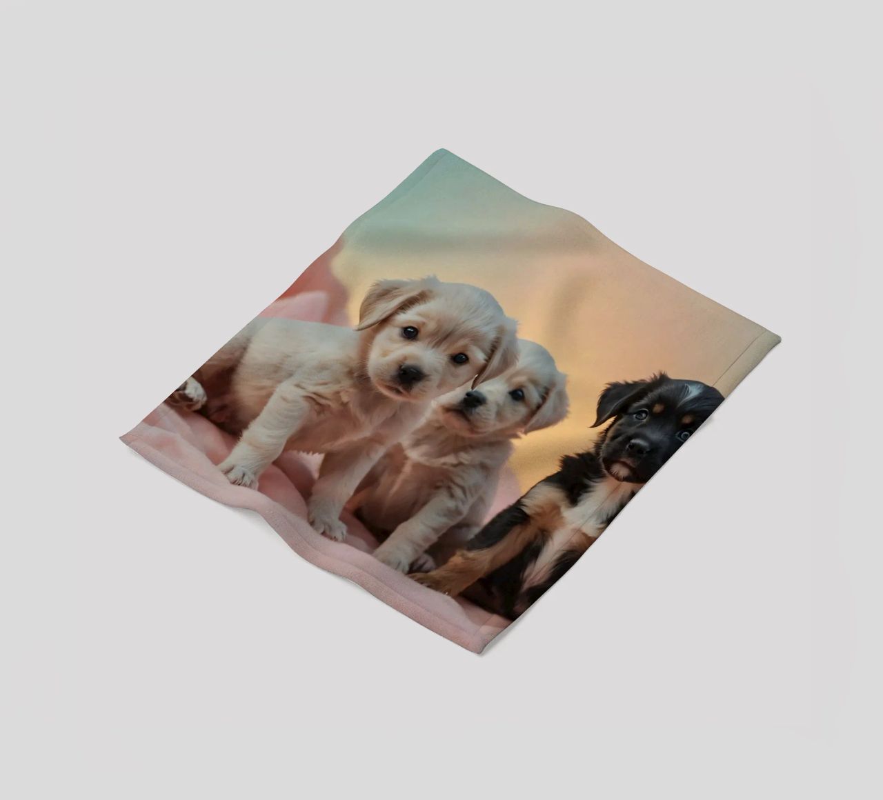 Drie speelse puppies rusten op een zachte deken in een gezellige kamer fleecedeken van DesignDoodle