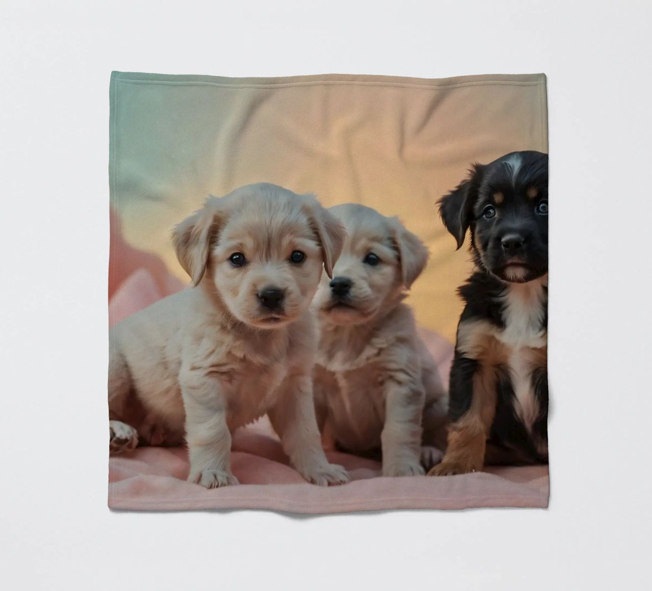 Drie speelse puppies rusten op een zachte deken in een gezellige kamer fleecedeken van DesignDoodle
