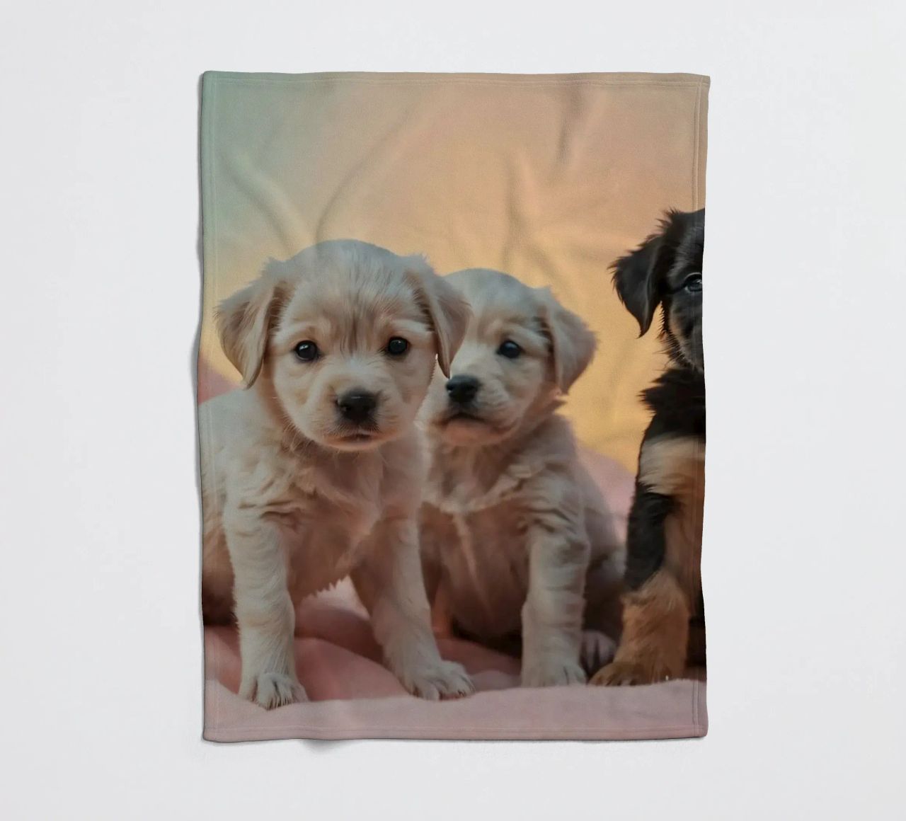 Drie speelse puppies rusten op een zachte deken in een gezellige kamer fleecedeken van DesignDoodle