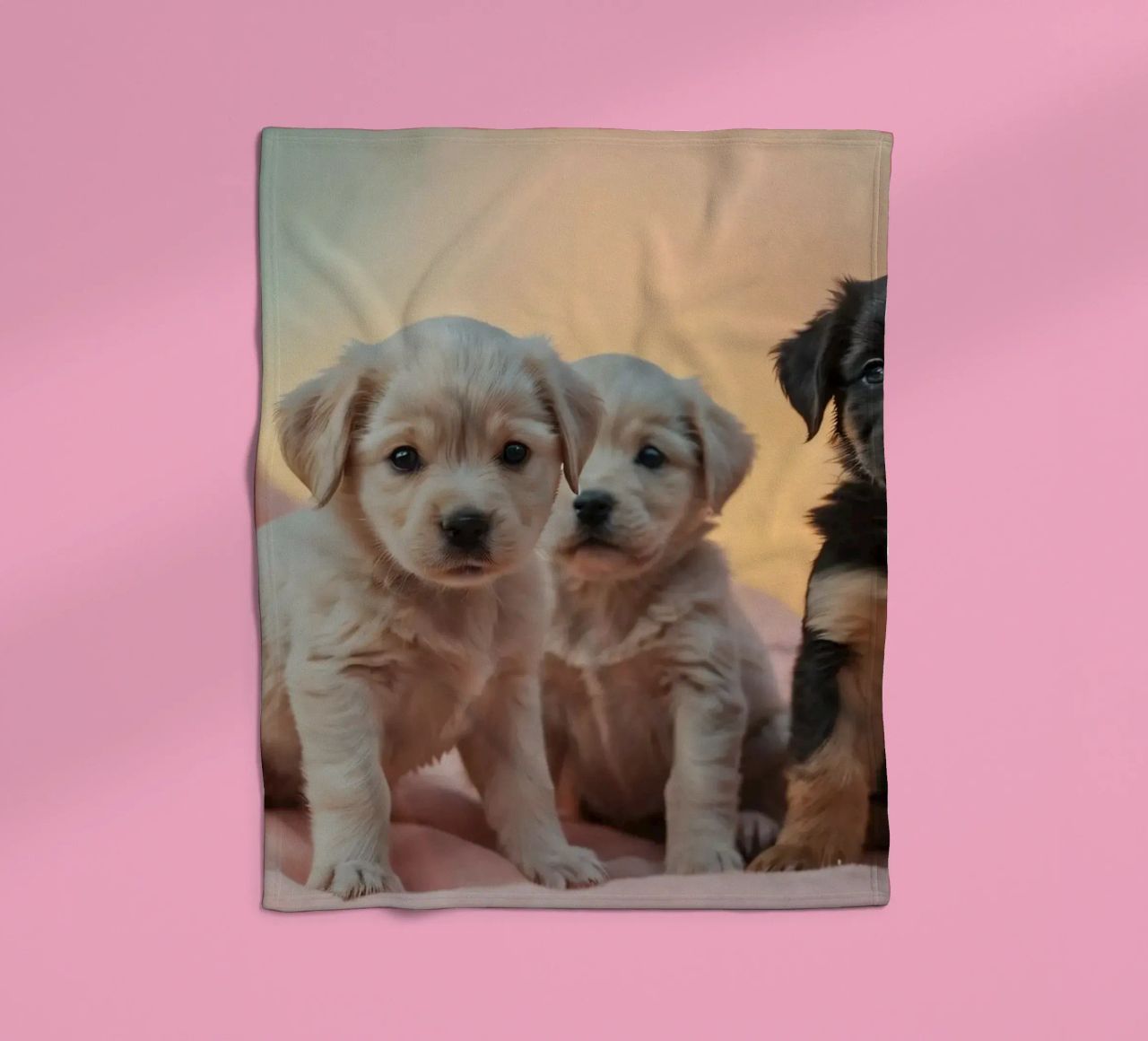 Drie speelse puppies rusten op een zachte deken in een gezellige kamer fleecedeken van DesignDoodle