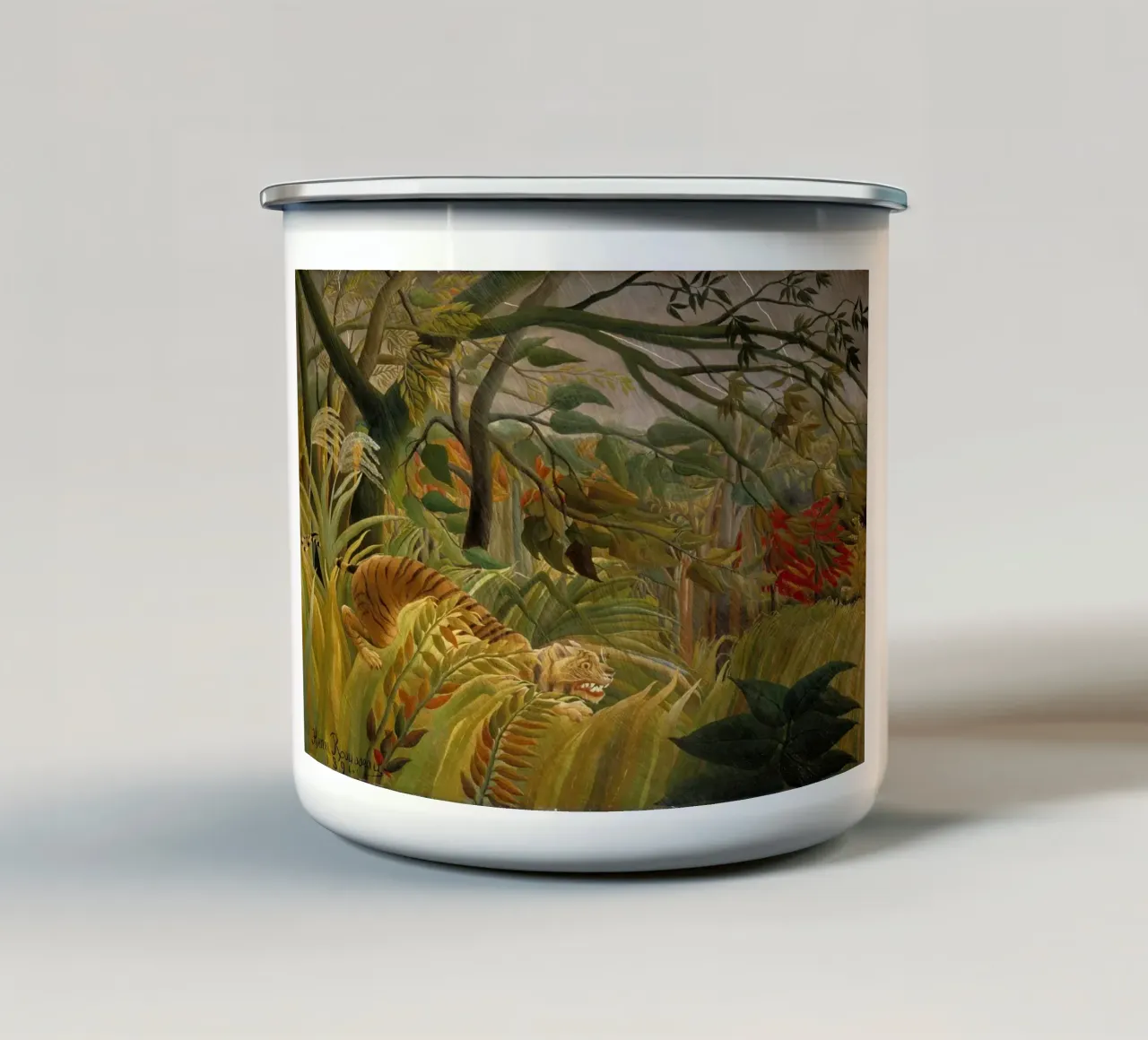 Henri Rousseau - Tigre in una tempesta tropicale tazza in smalto da Timeless Artworks