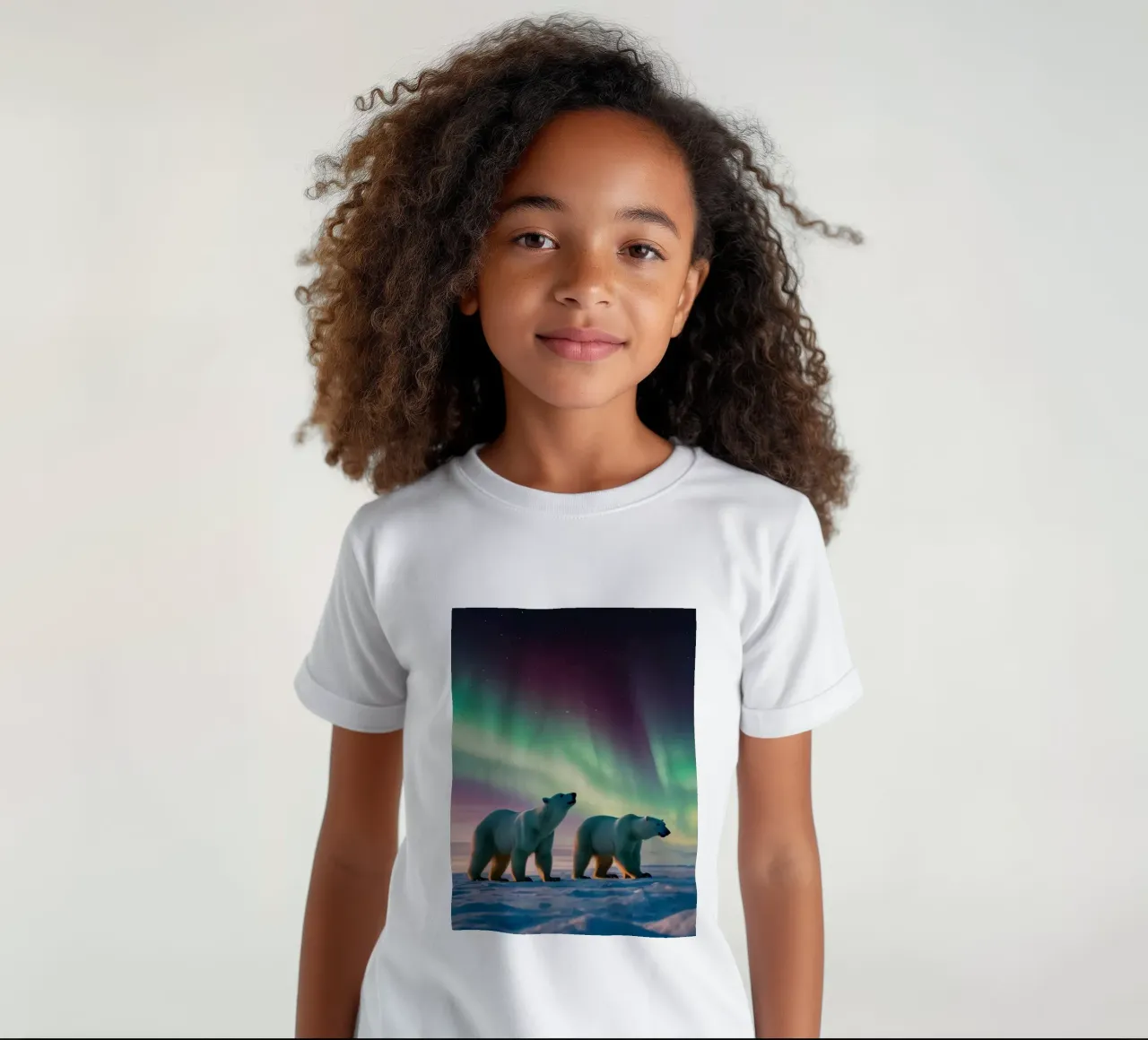 Polar bears walk under vivid northern lights kids t-shirt by DesignDoodle