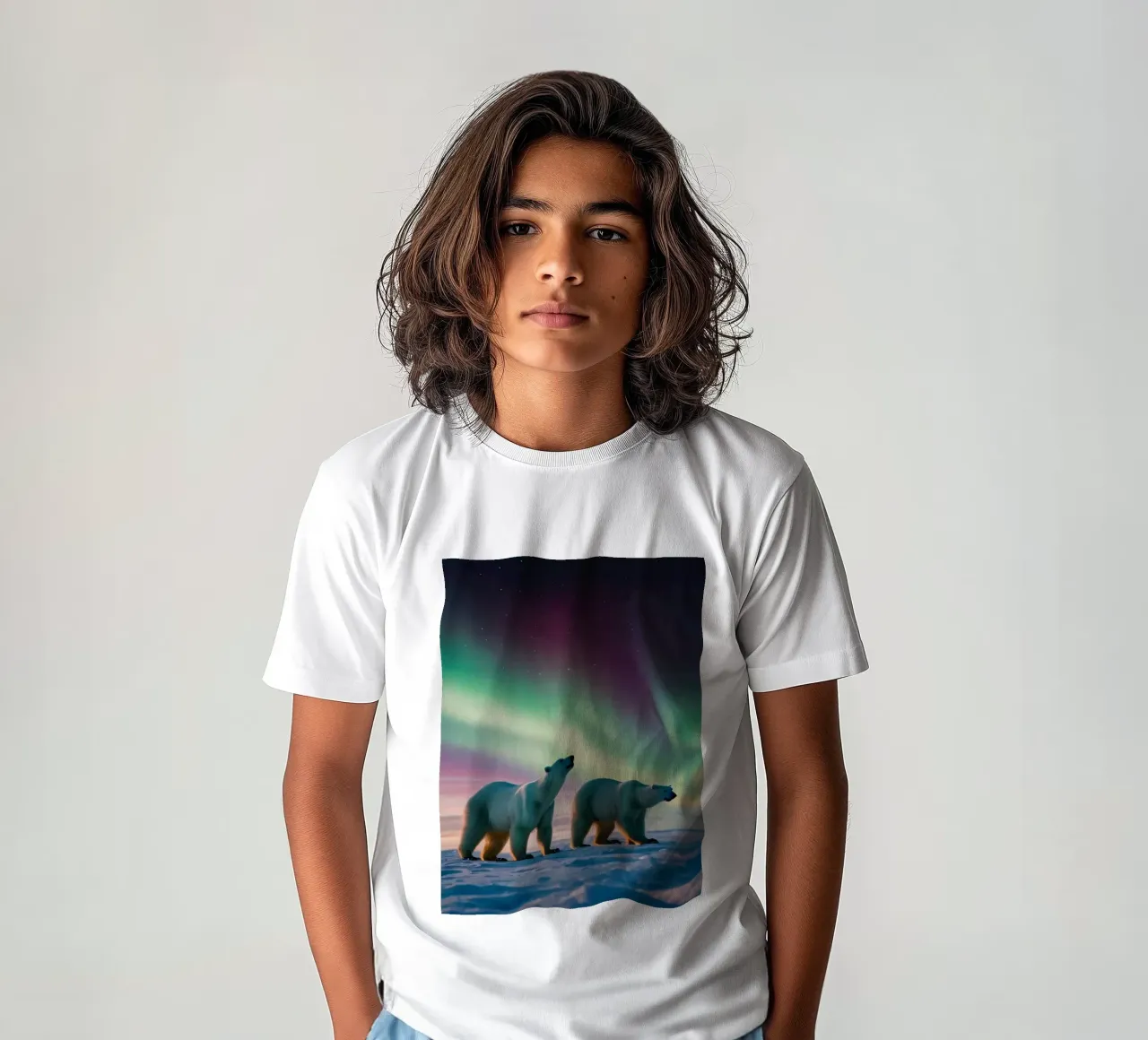 Polar bears walk under vivid northern lights kids t-shirt by DesignDoodle