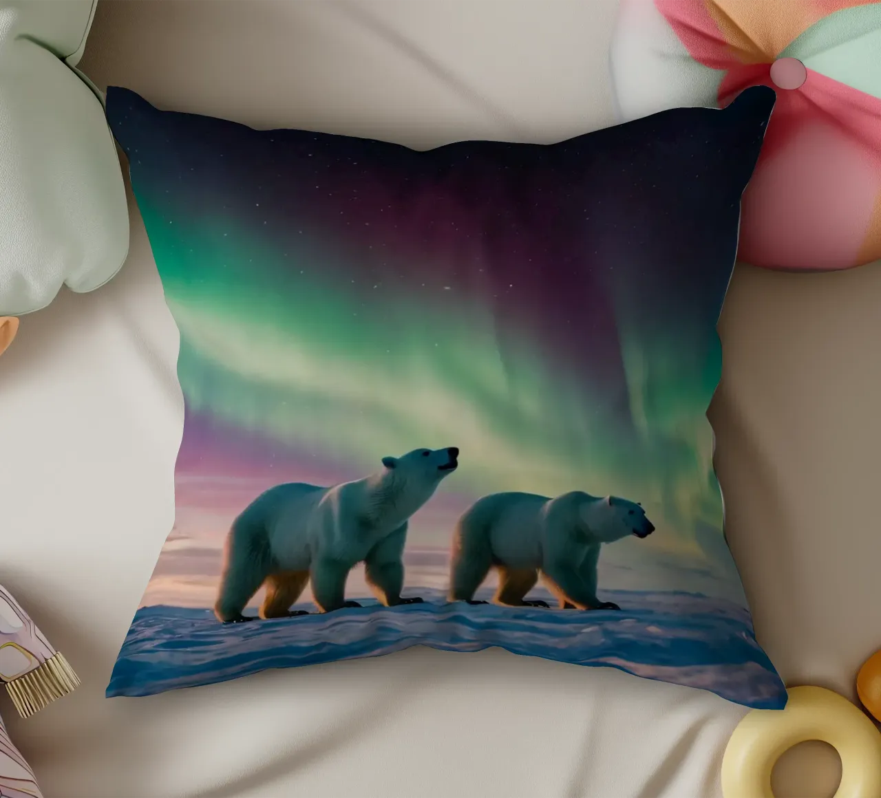 Gli orsi polari camminano sotto la vivida aurora boreale cuscino da DesignDoodle