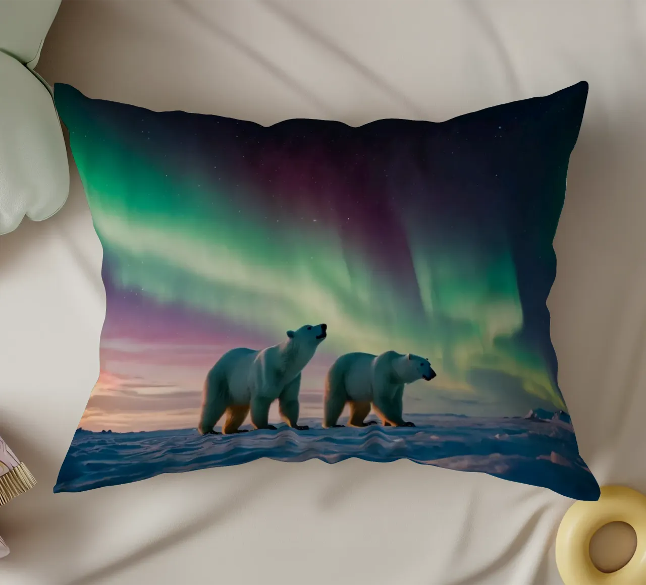 Gli orsi polari camminano sotto la vivida aurora boreale cuscino da DesignDoodle