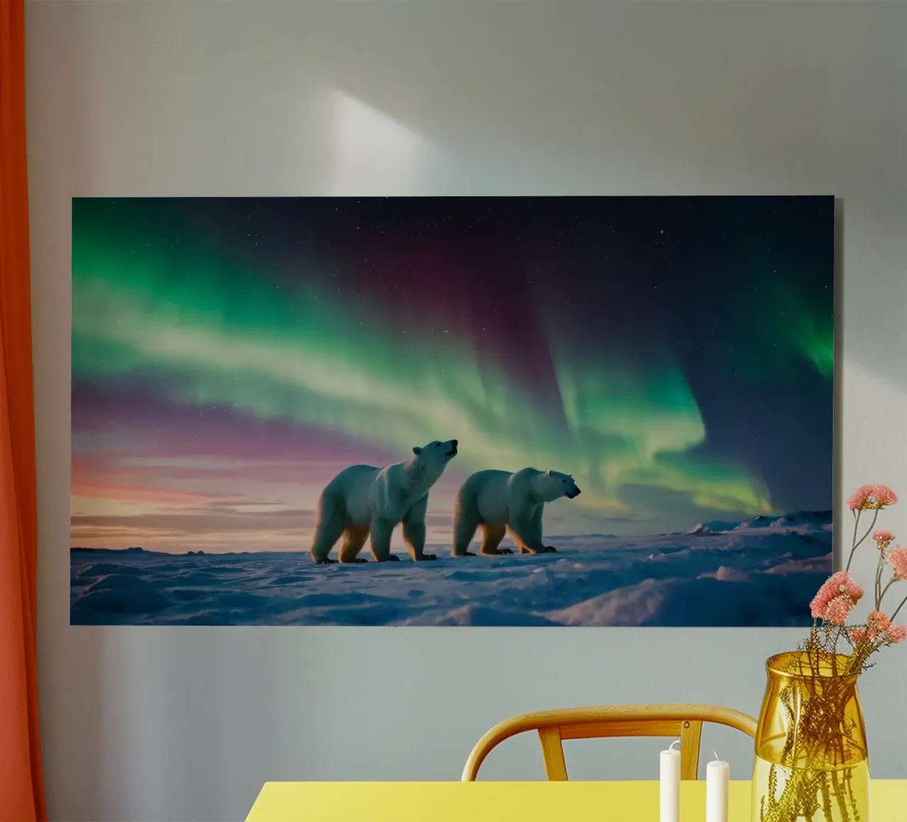 Eisbären spazieren unter lebhaftem Nordlicht Alu-Dibond von DesignDoodle
