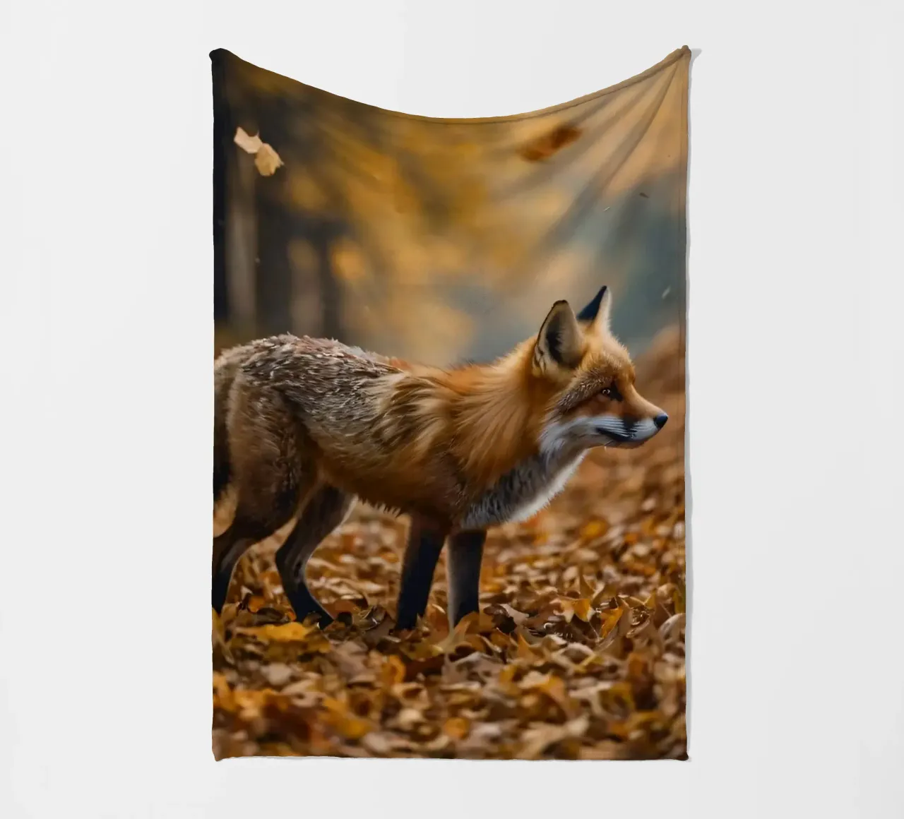 Fox gracefully walks through forest covered autumn leaves fleece blanket by DesignDoodle