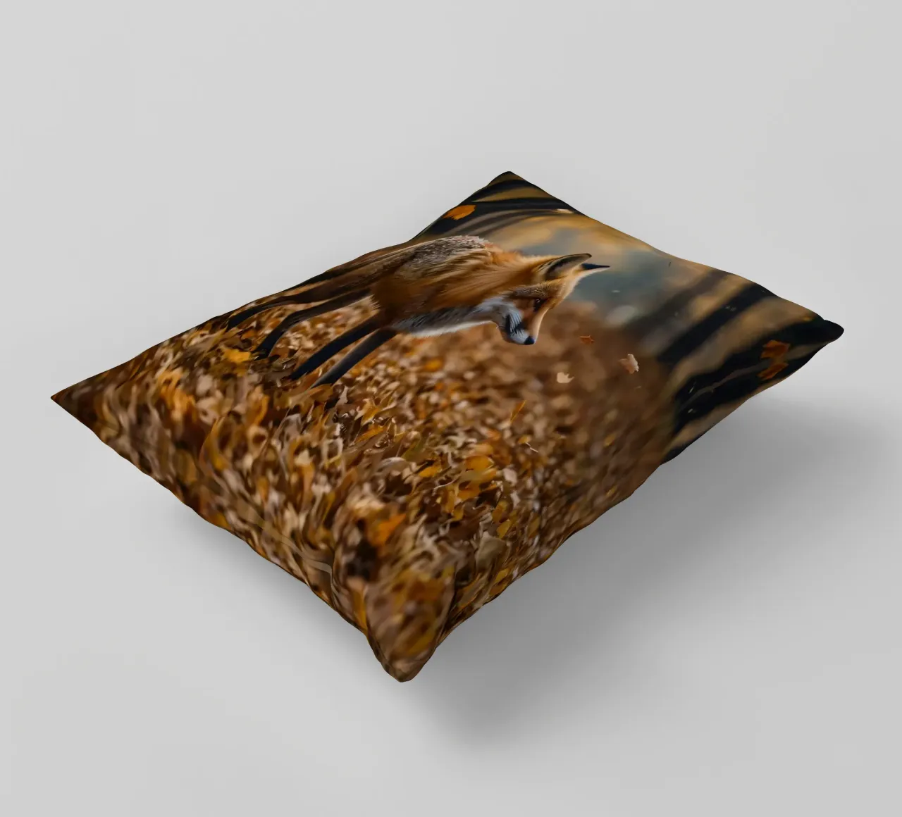 Fox gracefully walks through forest covered autumn leaves decorative cushion by DesignDoodle