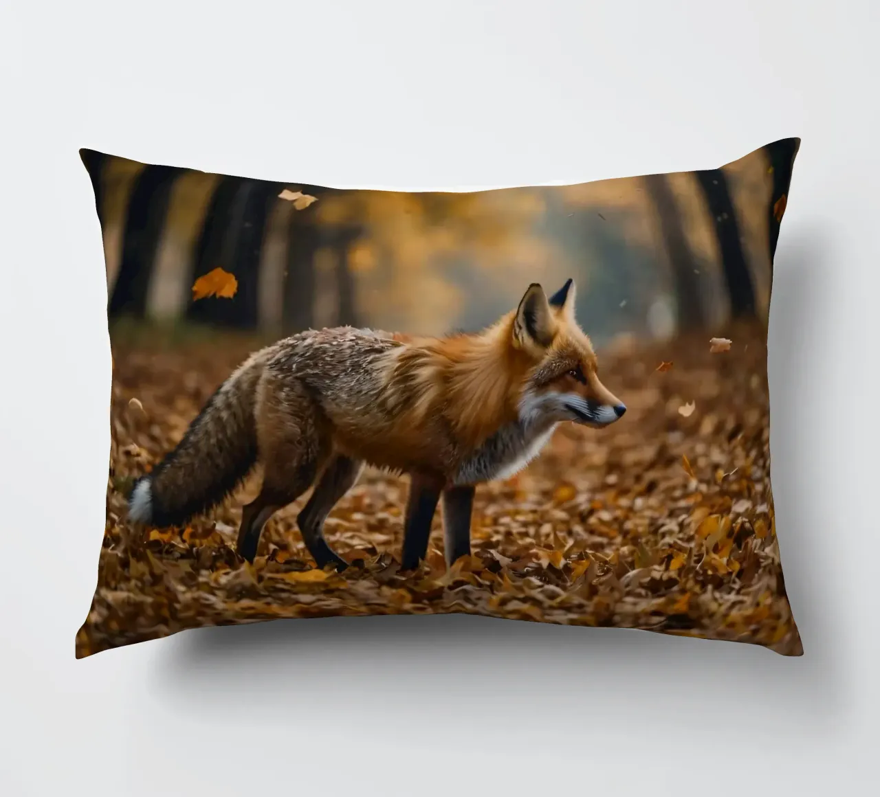 Fox gracefully walks through forest covered autumn leaves decorative cushion by DesignDoodle