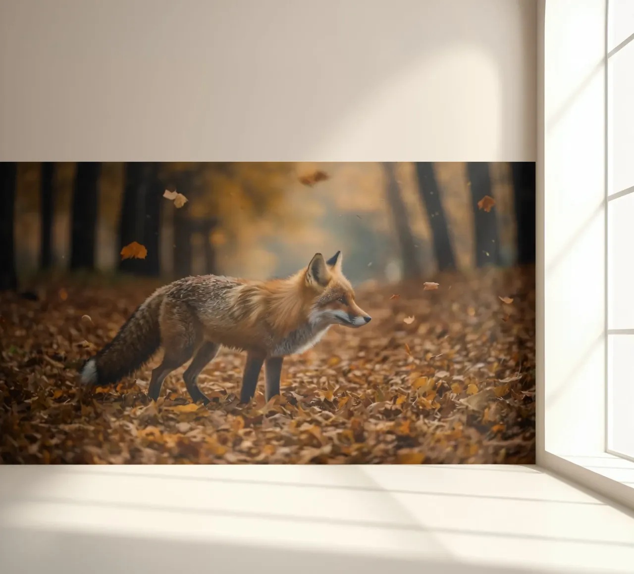 Fox gracefully walks through forest covered autumn leaves photo wallpaper by DesignDoodle