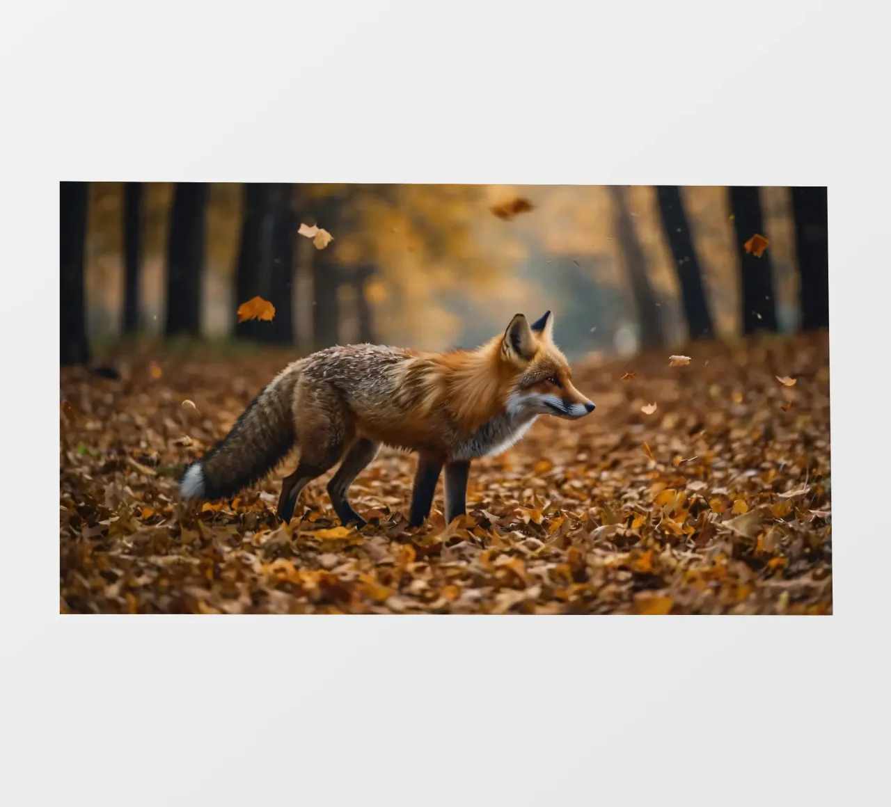 Fox gracefully walks through forest covered autumn leaves photo wallpaper by DesignDoodle