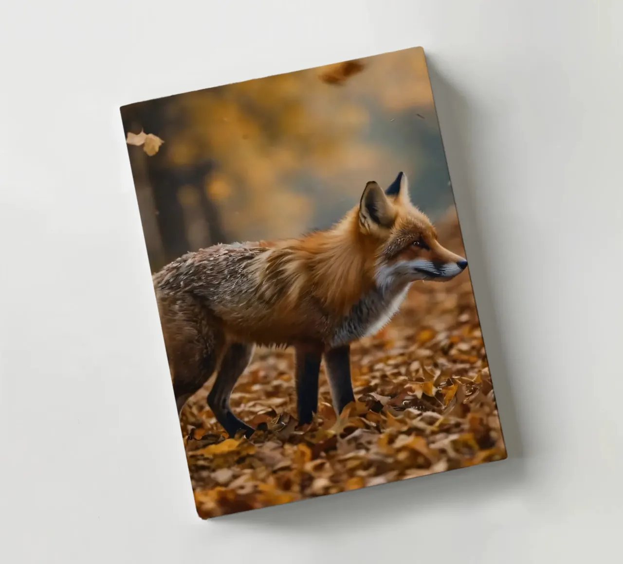 Renard marchant gracieusement dans une forêt couverte de feuilles d'automne carnet de notes de DesignDoodle