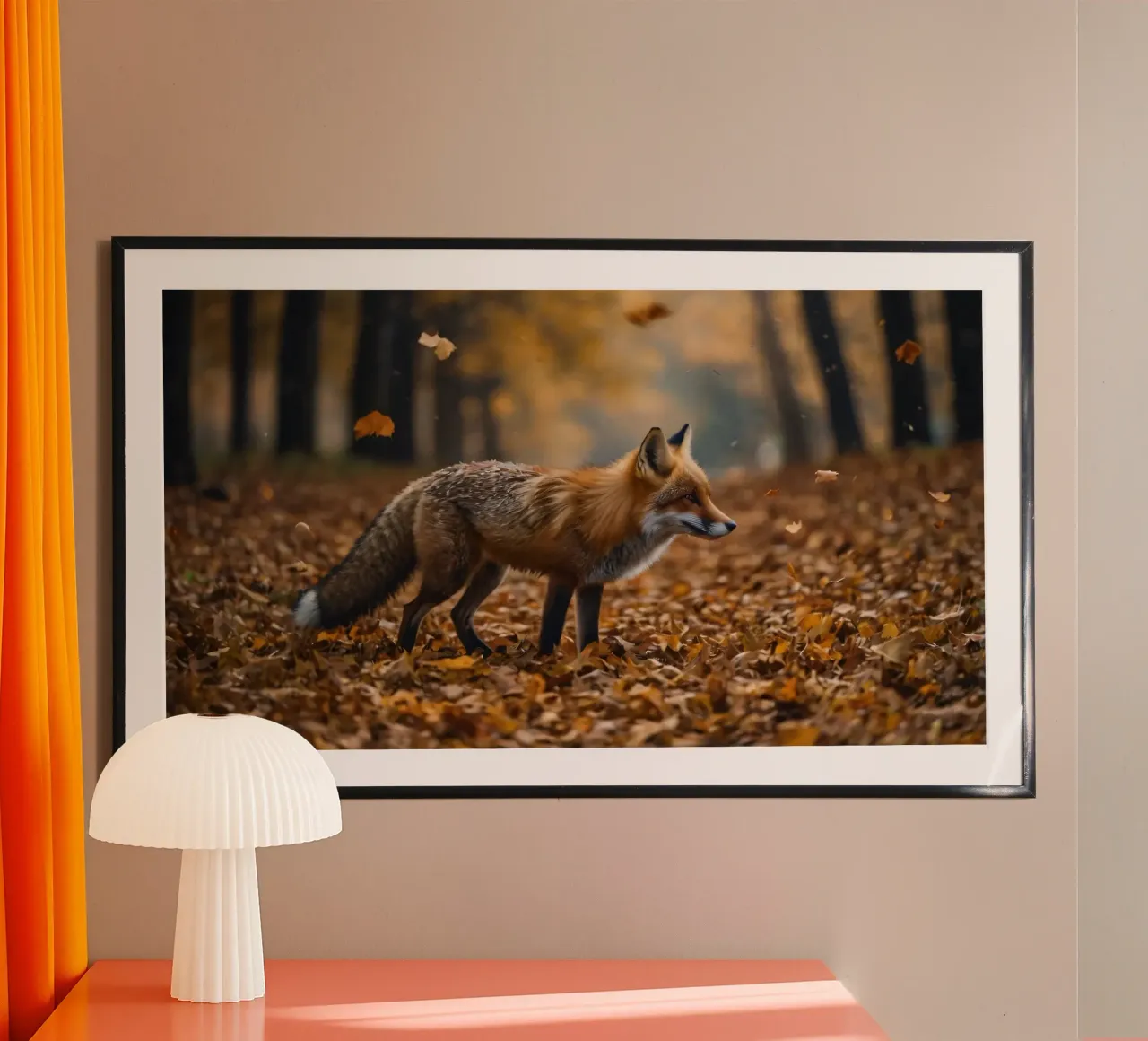 Renard marchant gracieusement dans une forêt couverte de feuilles d'automne poster avec cadre en bois de DesignDoodle
