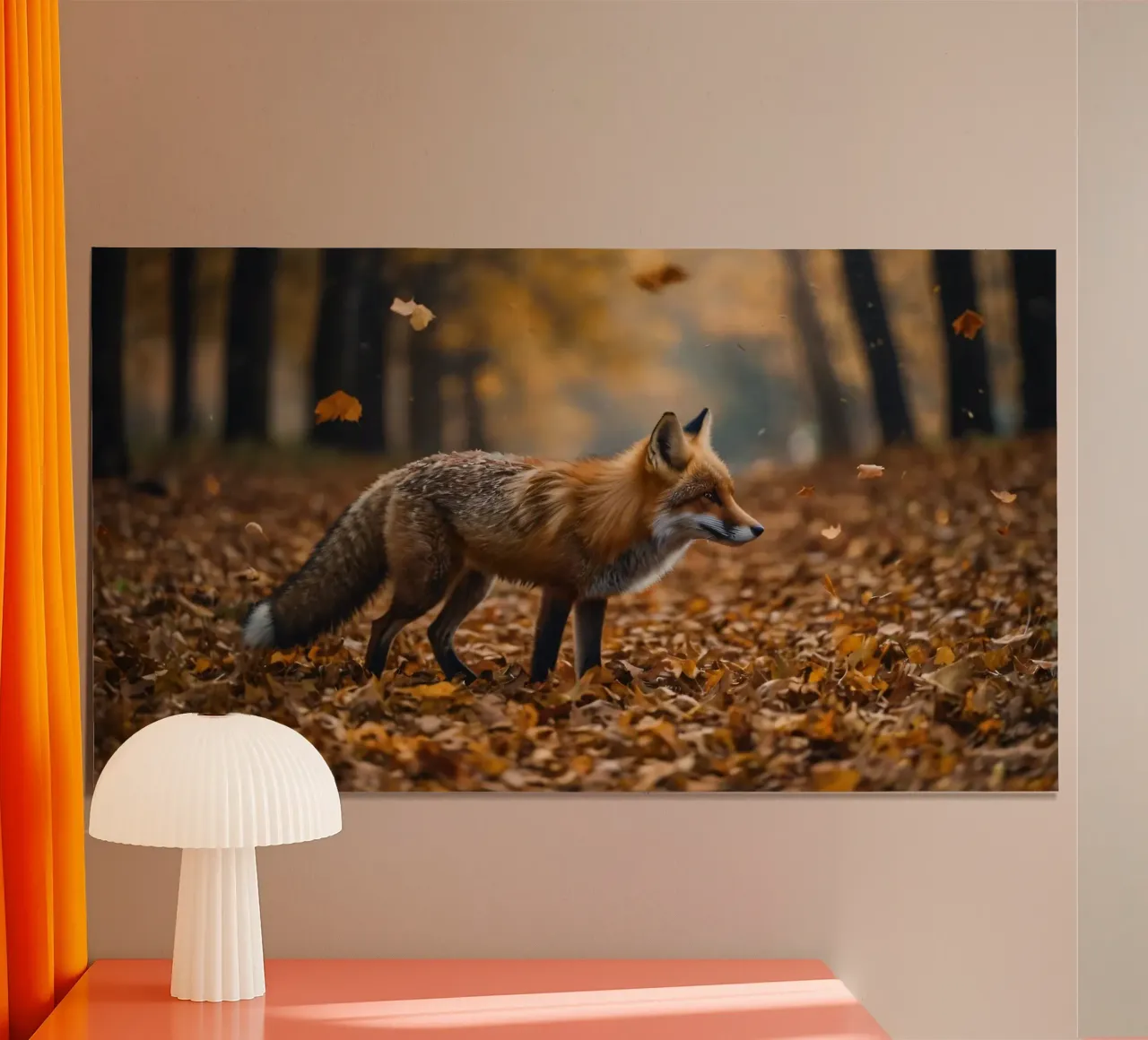 Renard marchant gracieusement dans une forêt couverte de feuilles d'automne poster avec cadre en bois de DesignDoodle