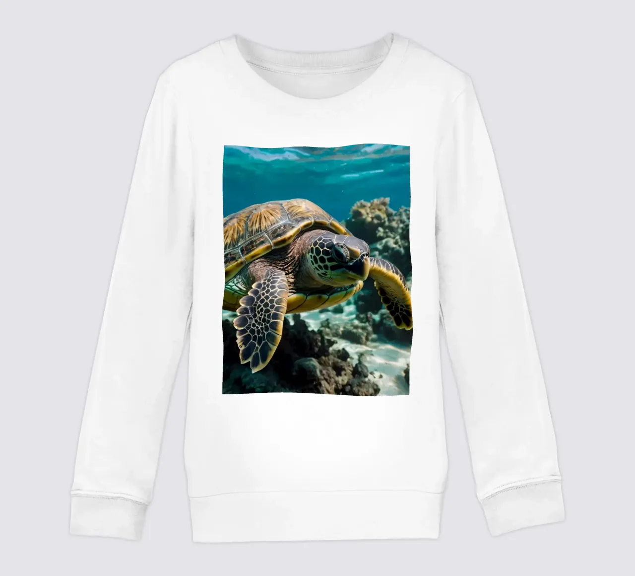 Sea turtle gliding through vibrant coral reef in crystal kids sweatshirt by DesignDoodle