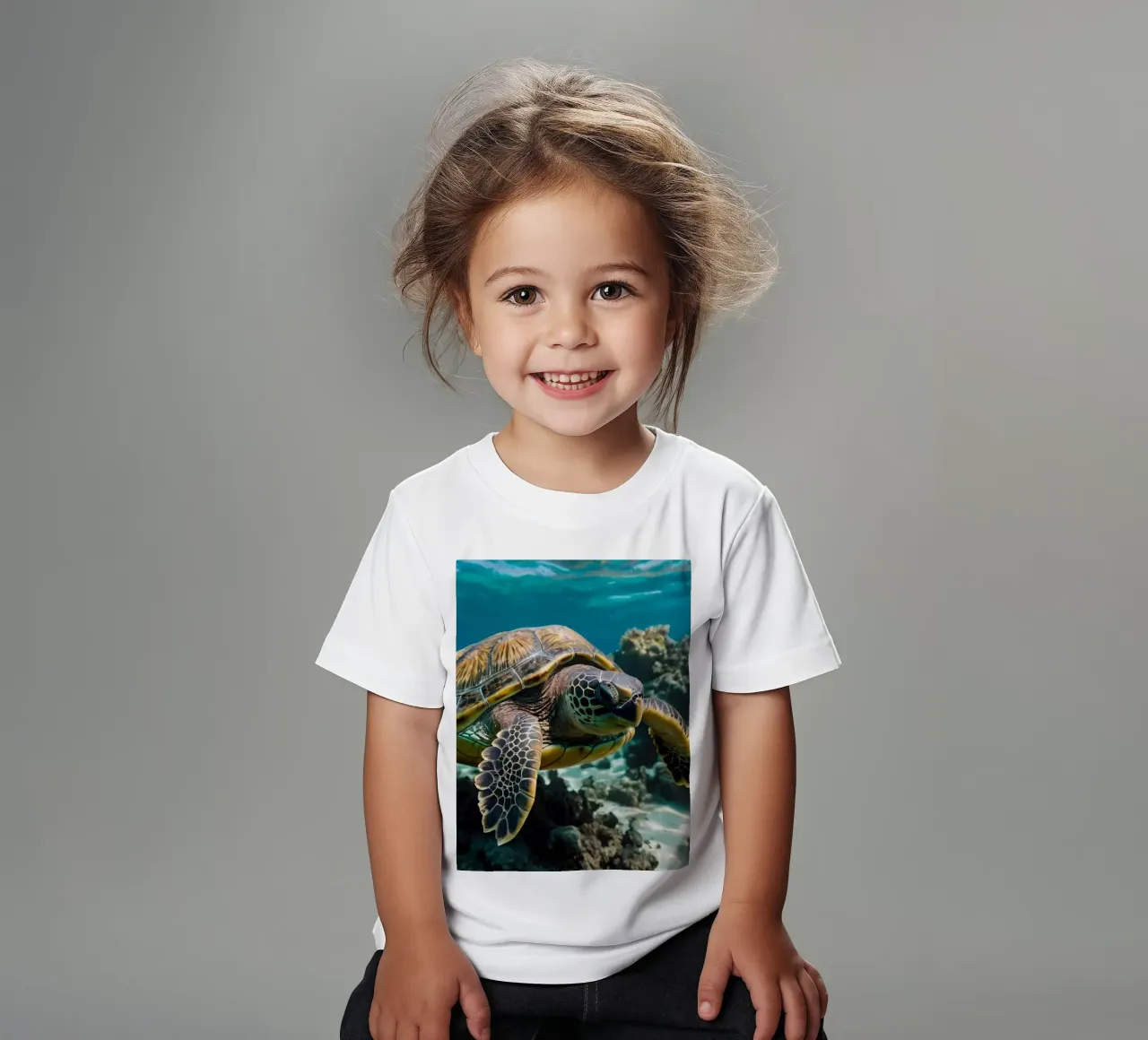 Sea turtle gliding through vibrant coral reef in crystal kids t-shirt by DesignDoodle