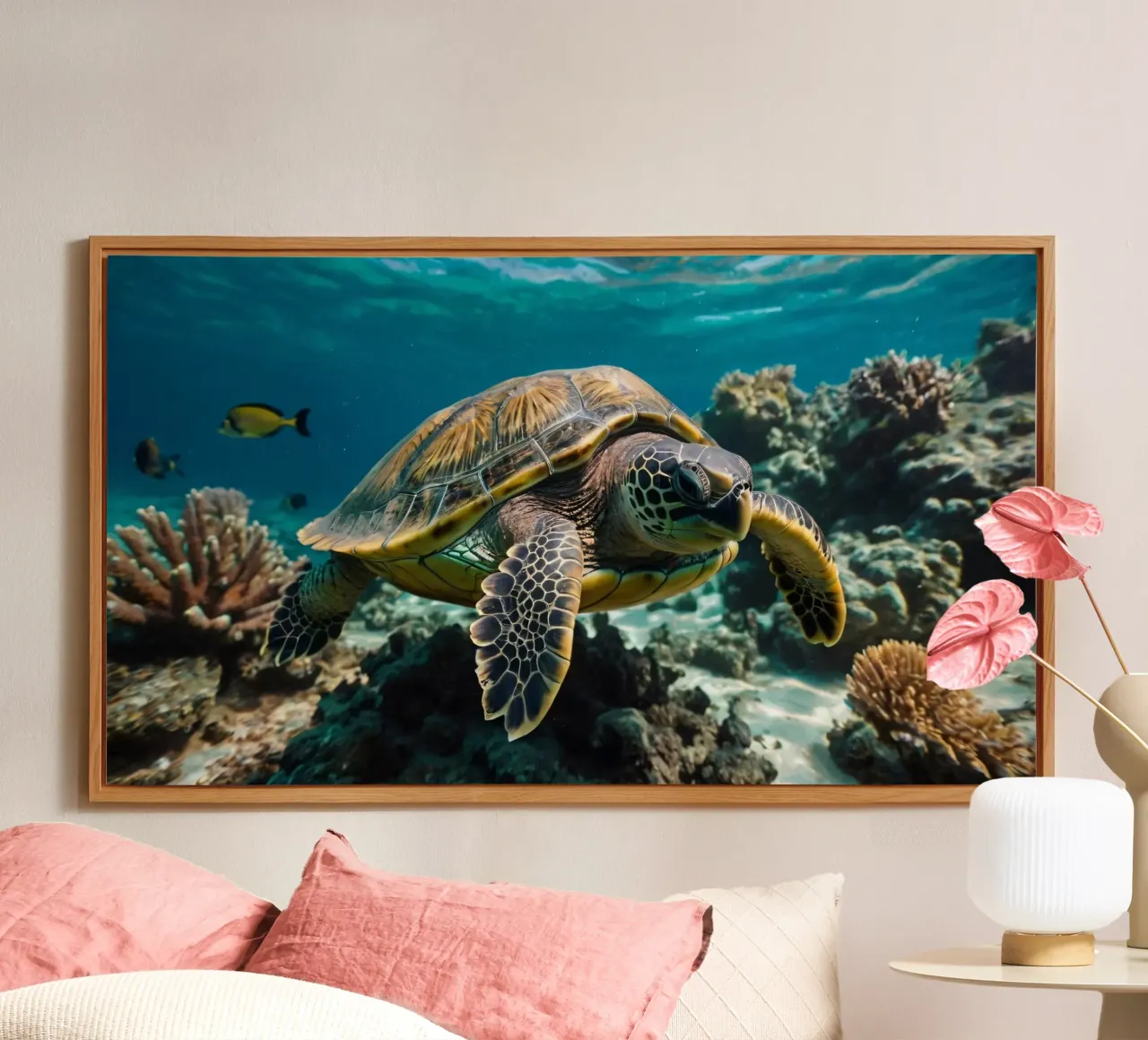 Sea turtle gliding through vibrant coral reef in crystal forex plate by DesignDoodle