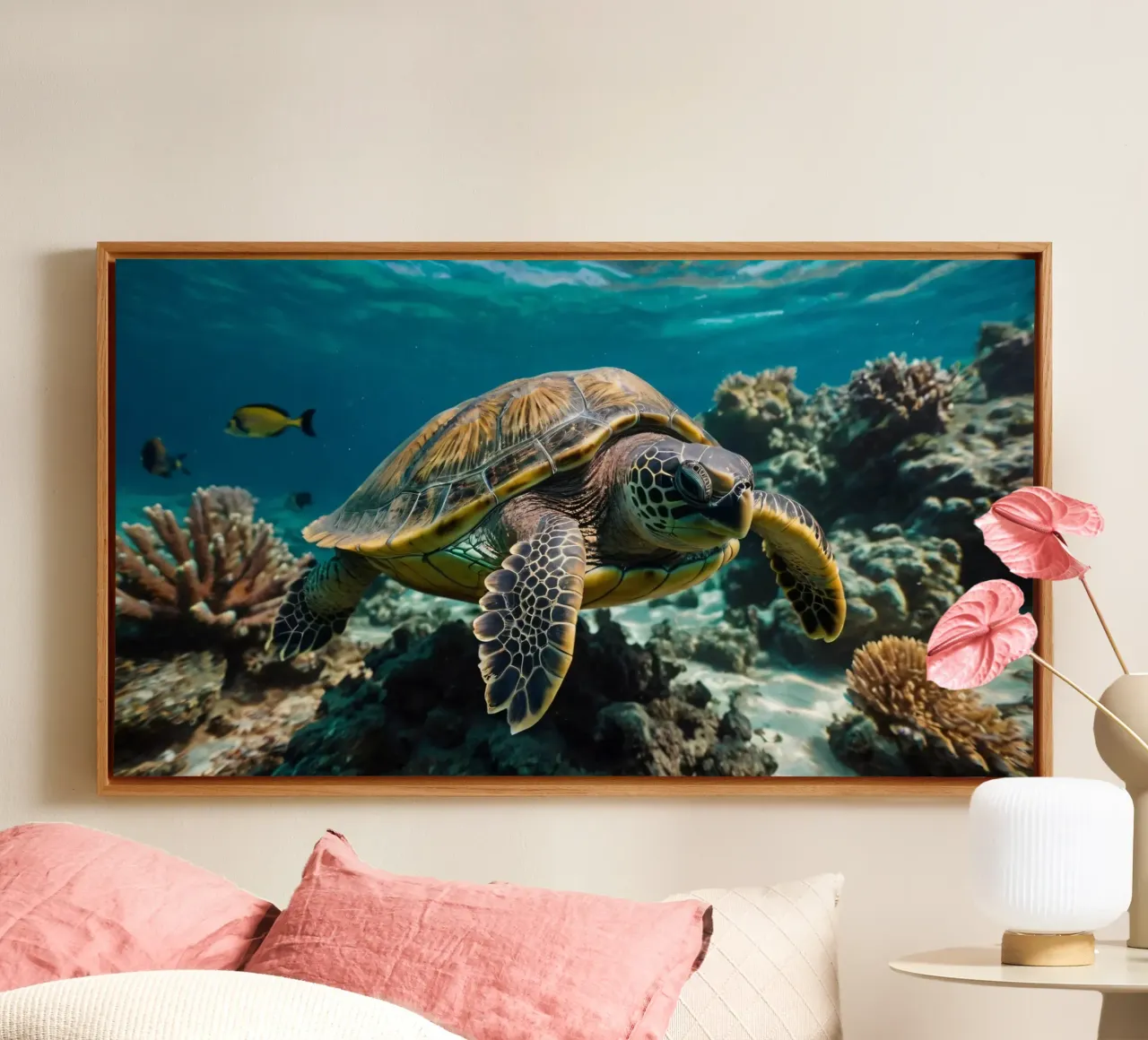 Zeeschildpad glijdt door levendig koraalrif in kristal canvas met Baklijst van DesignDoodle
