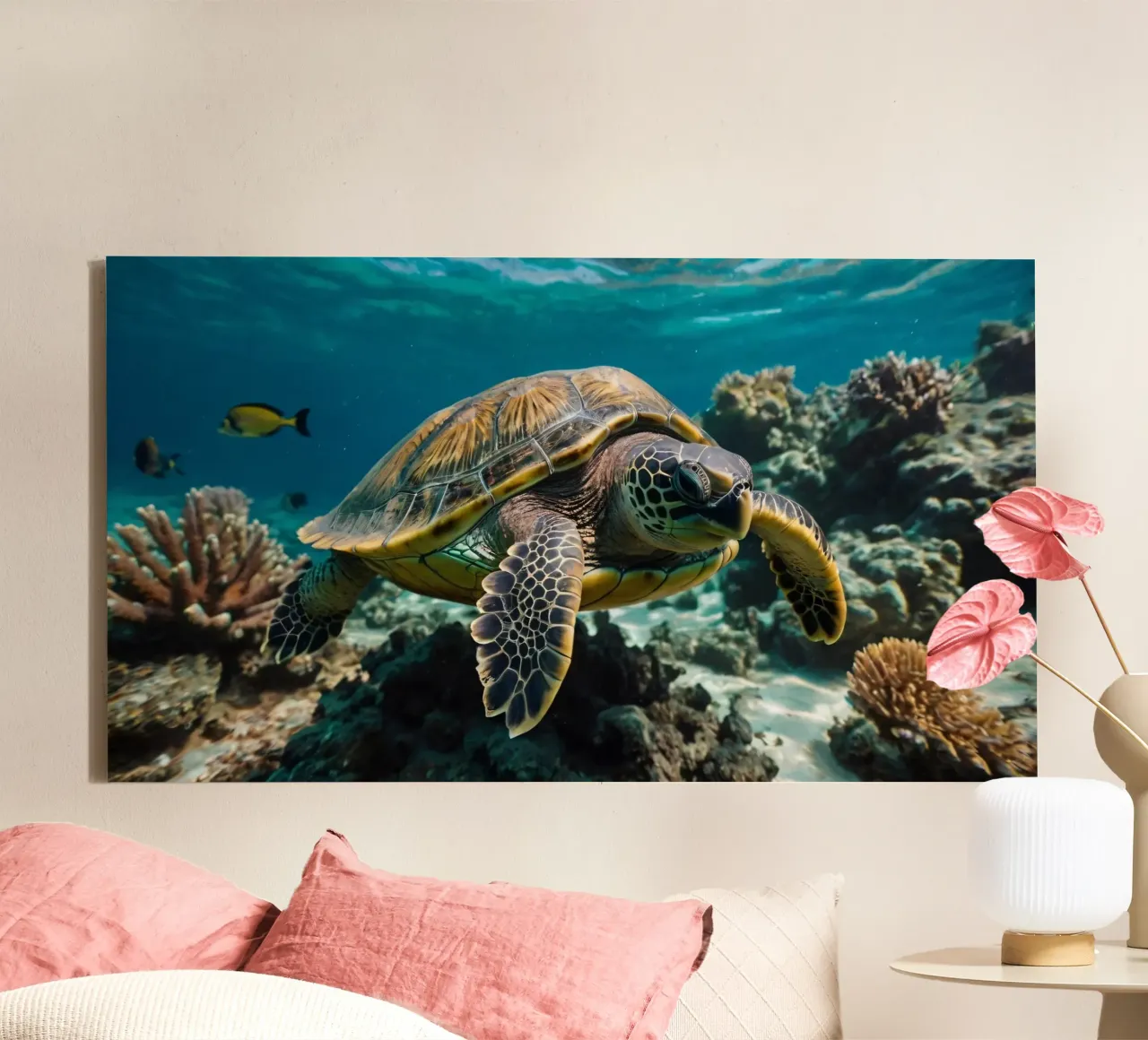Zeeschildpad glijdt door levendig koraalrif in kristal canvas met Baklijst van DesignDoodle