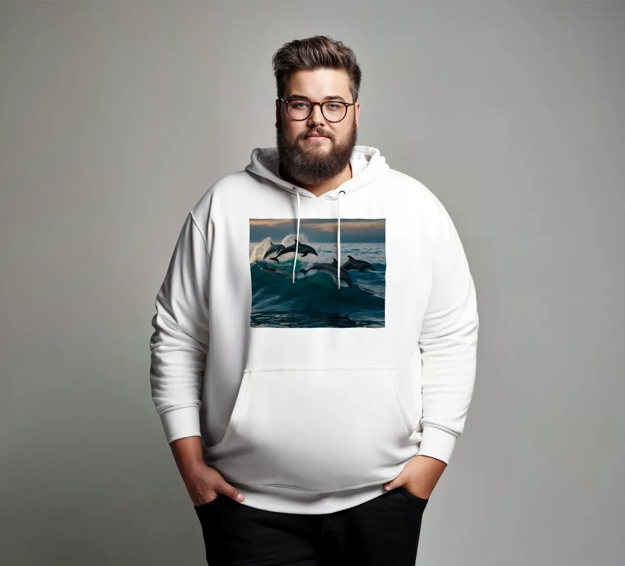 Delphine springen bei Sonnenuntergang anmutig über die Wellen des Ozeans Hoodie von DesignDoodle