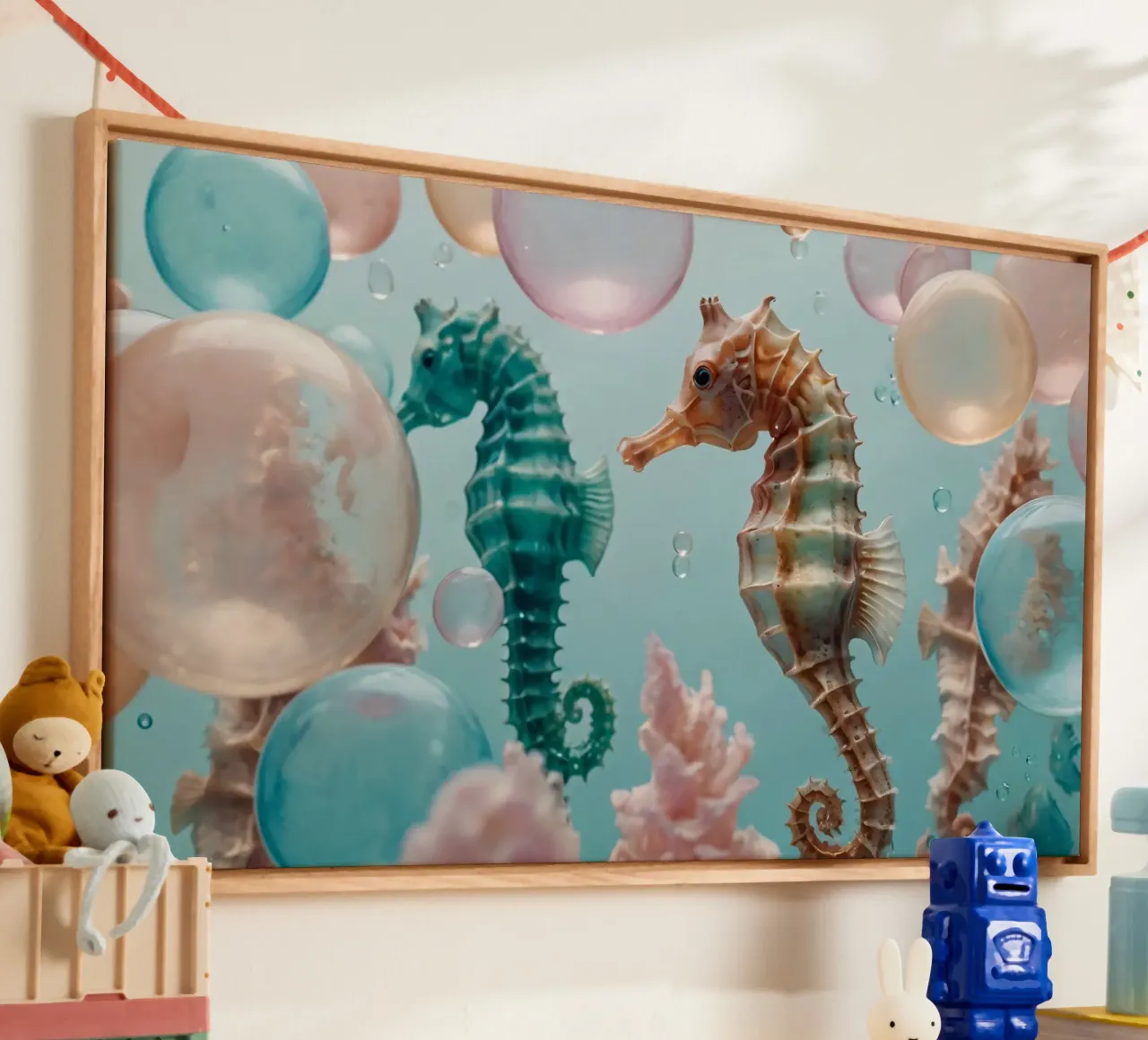 Zeepaardjes zwemmen tussen kleurrijke bubbels en koraal canvas met Baklijst van DesignDoodle