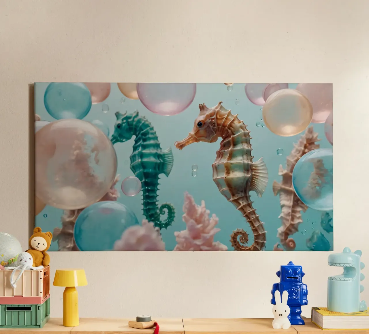 Zeepaardjes zwemmen tussen kleurrijke bubbels en koraal canvas met Baklijst van DesignDoodle